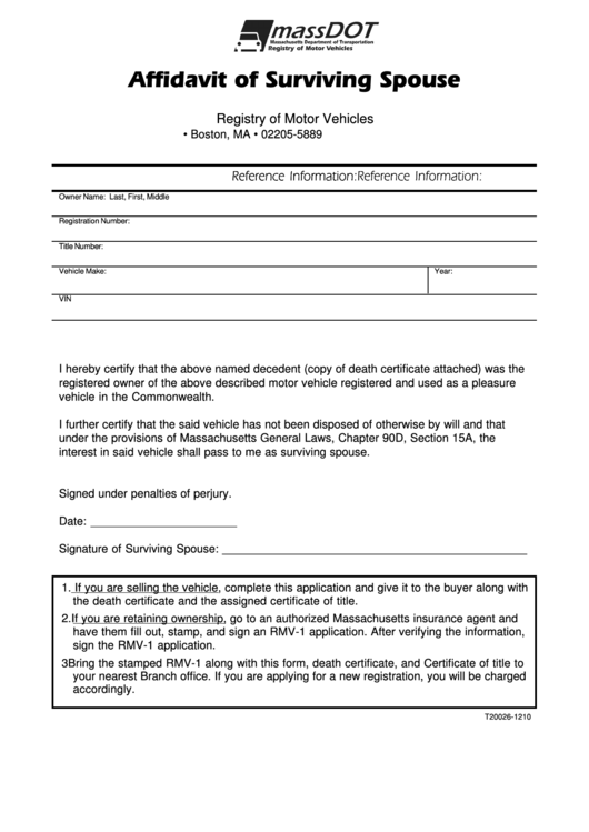 Affidavit Of Surviving Spouse Template - Mass Rmv Printable pdf