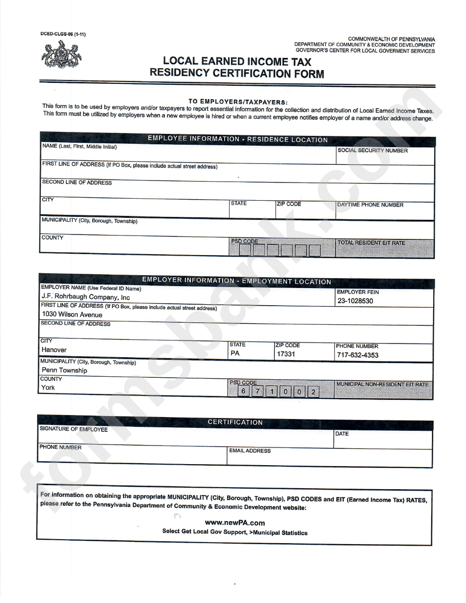 Pennsylvania Residency Certification Form