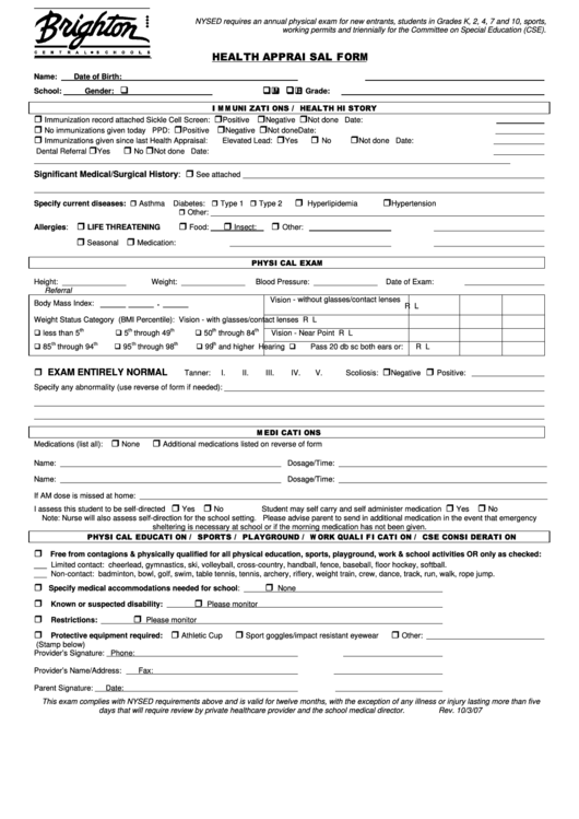 Health Appraisal Form Printable pdf