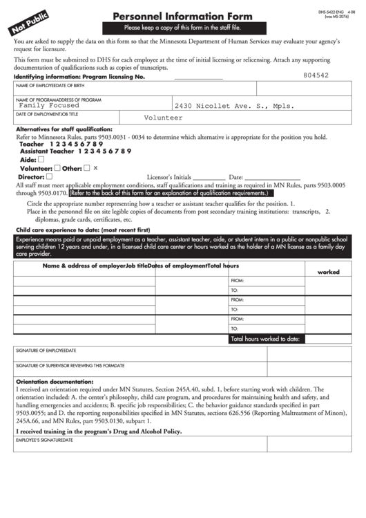 Personnel Information Form - Washburn Center For Children Printable pdf