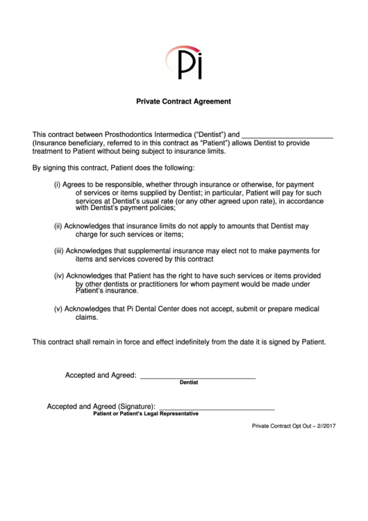 Fillable Medicare Opt-Out Private Contract - Pi Dental Center Printable pdf