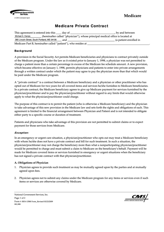 Fillable Medicare Private Contract - Ciampi Family Practice Printable pdf