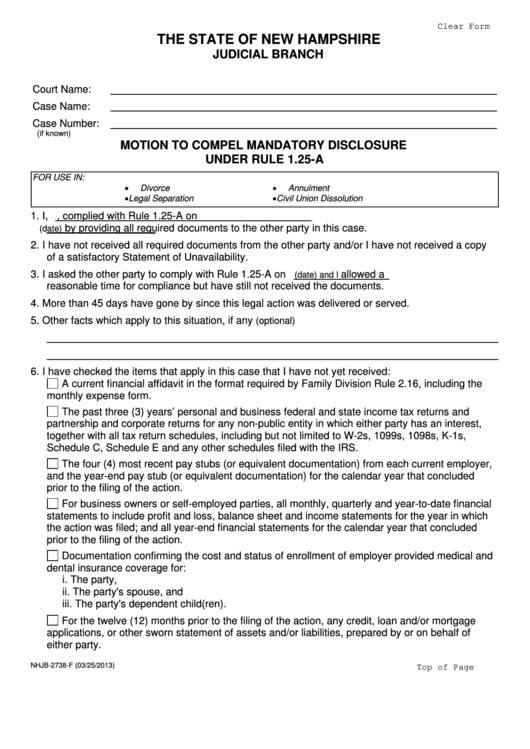 Fillable Motion For Mandatory Disclosure Under Family Rule 1.25-A (Divorce) Printable pdf