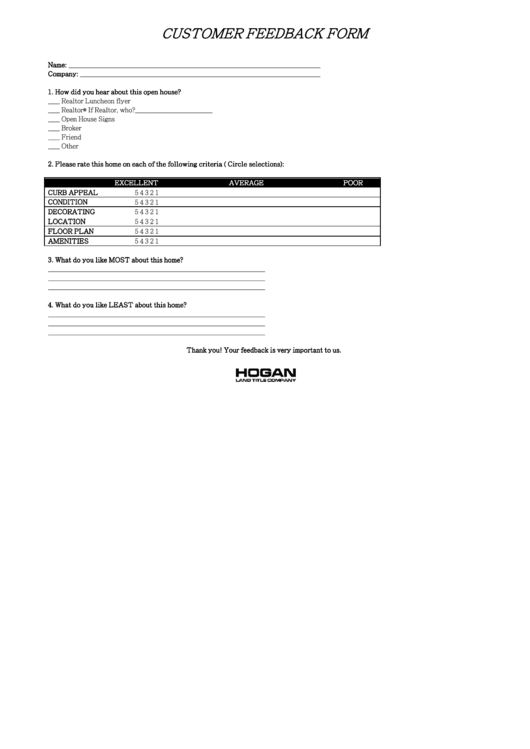 Customer Feedback Form - Hogan Land Title Company Printable pdf