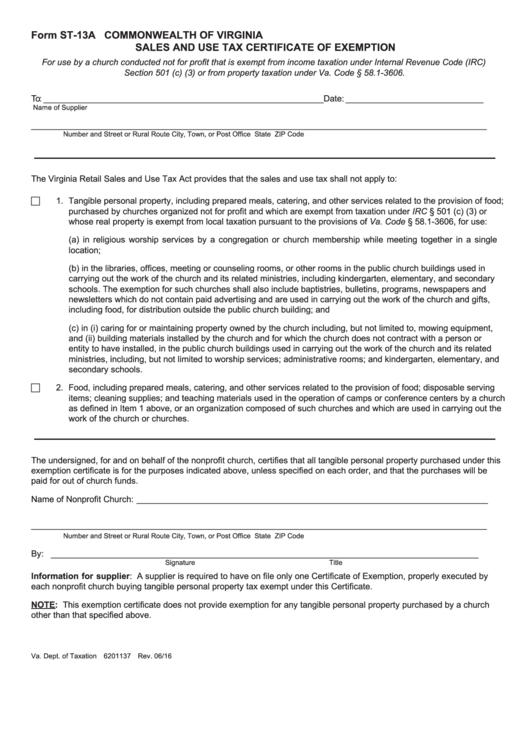 Fillable Form St-13a - Sales And Use Tax Certificate Of Exemption Printable pdf