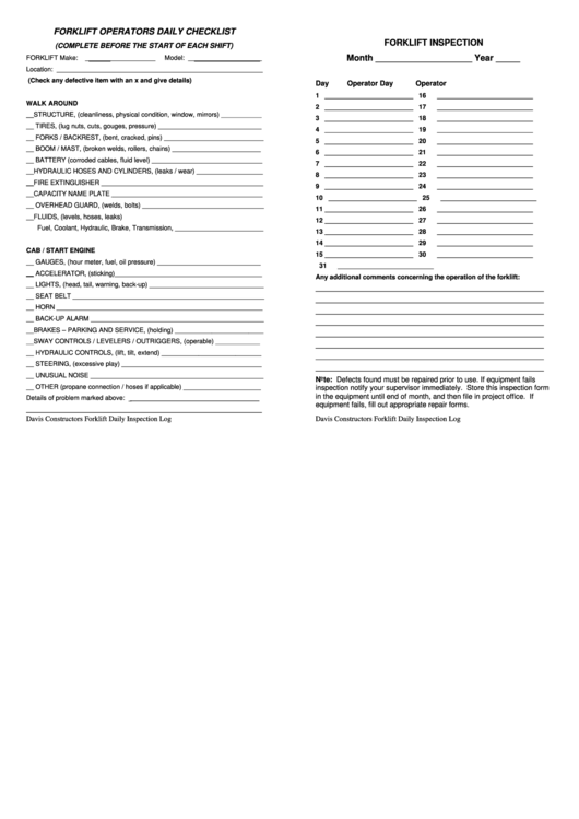 Forklift Operators Daily Form Printable pdf