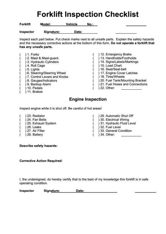Forklift Inspection Checklist Printable pdf