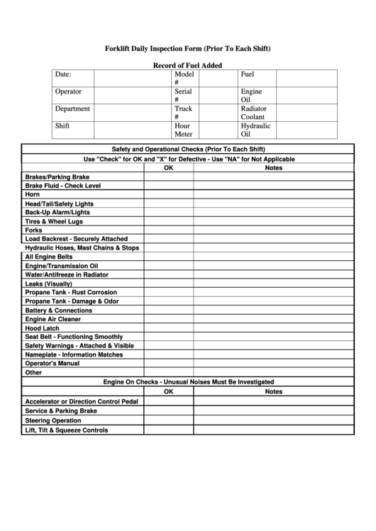 Forklift Daily Inspection Form (Prior To Each Shift) Printable pdf