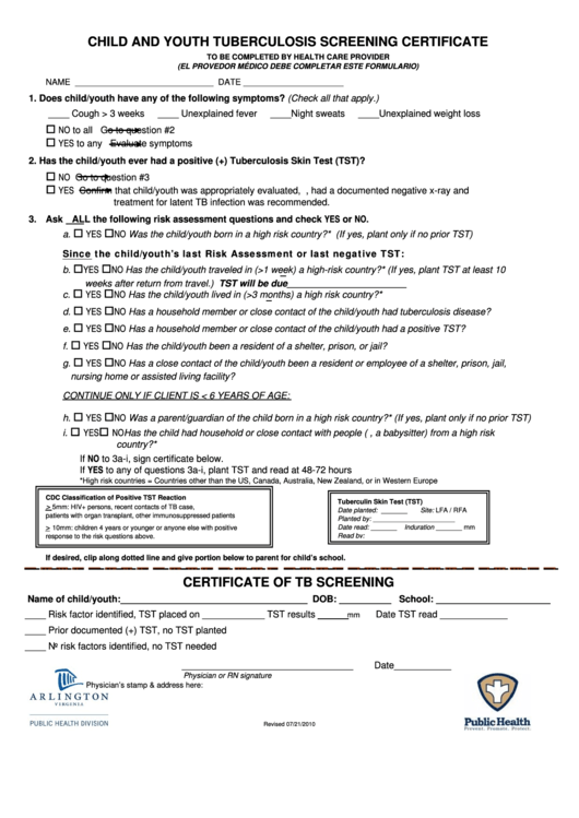 Child And Youth Tuberculosis Screening Certificate Printable pdf