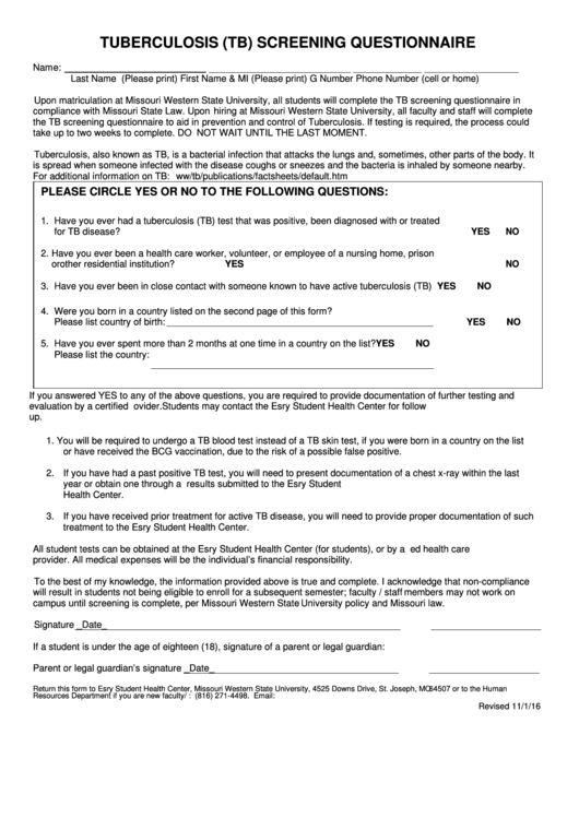 Tuberculosis (Tb) Screening Questionnaire Missouri printable pdf download