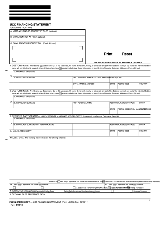 Fillable Form Ucc1 - Ucc Financing Statement Printable pdf
