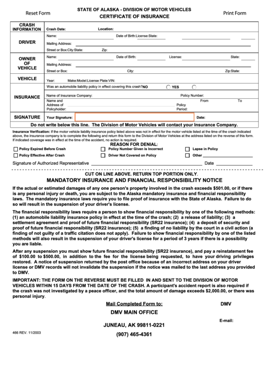 Fillable Form 466 - State Of Alaska - Division Of Motor Vehicles - Certificate Of Insurance Printable pdf