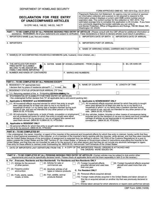 Fillable Cbp Form 3299 Declaration For Free Entry Of Unaccompanied 