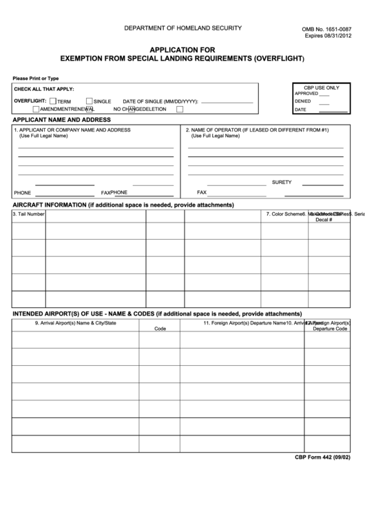 Fillable Cbp Form 442 - Application For Exemption From Special Landing Requirements (Overflight) Printable pdf