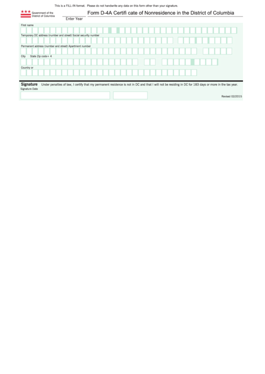 Form D-4a Certificate Of Nonresidence In The District Of Columbia
