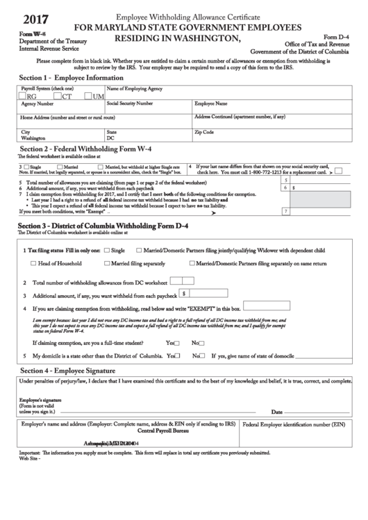 Form W-4 (Form D-4) - Employee Withholding Allowance Certificate - Maryland State Government Employees Residing In Washington, D.c. - 2017 Printable pdf