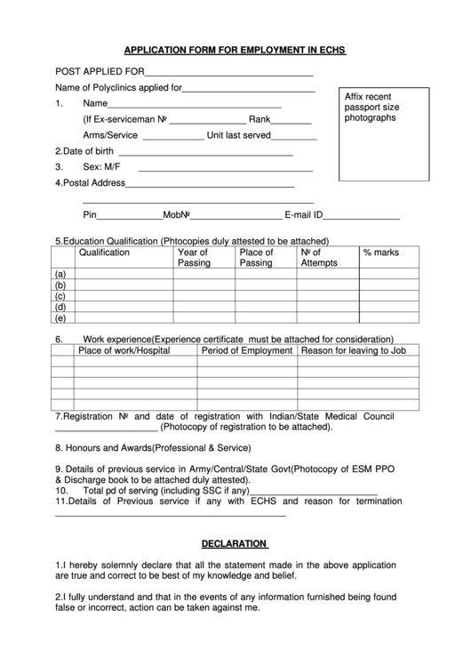 Application Form For Employment In Echs Printable pdf