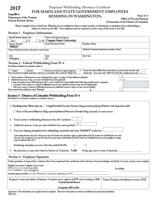 Fillable Form W-4 (Form D-4) - Employee Withholding Allowance Certificate - Maryland State Government Employees Residing In Washington, D.c. - 2017 Printable pdf