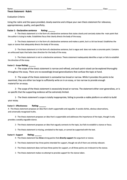 Thesis Statement - Rubric