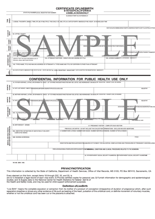Sample Certificate Of Live Birth -State Of California Printable pdf