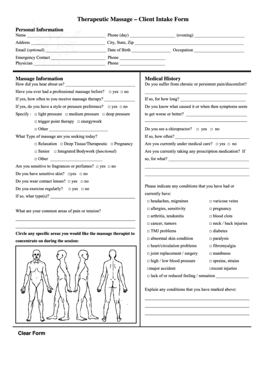 Fillable Therapeutic Massage - Client Intake Form Printable pdf