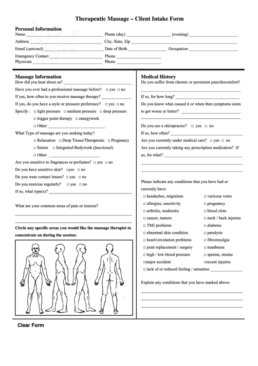 Fillable Therapeutic Massage - Client Intake Form printable pdf download