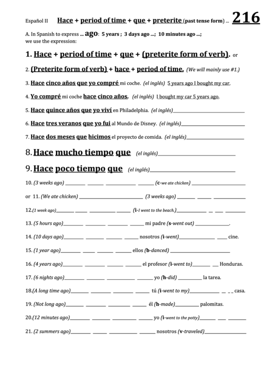 Past Tense Form Spanish Language Worksheet Printable pdf