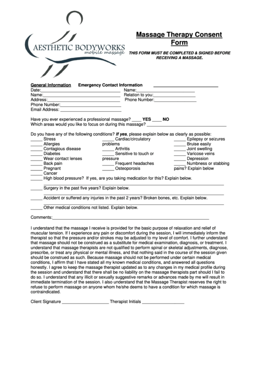 Massage Therapy Consent Form Printable pdf