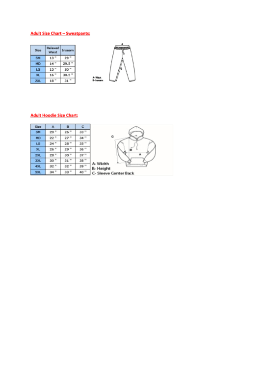 Adult Size Chart - Sweatpants And Hoodle Printable pdf