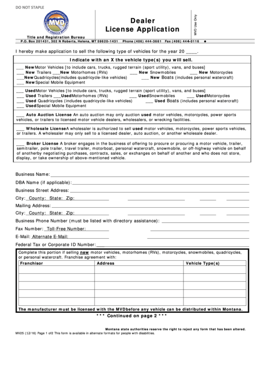 Fillable Form Mv25 - Dealer License Application Printable pdf