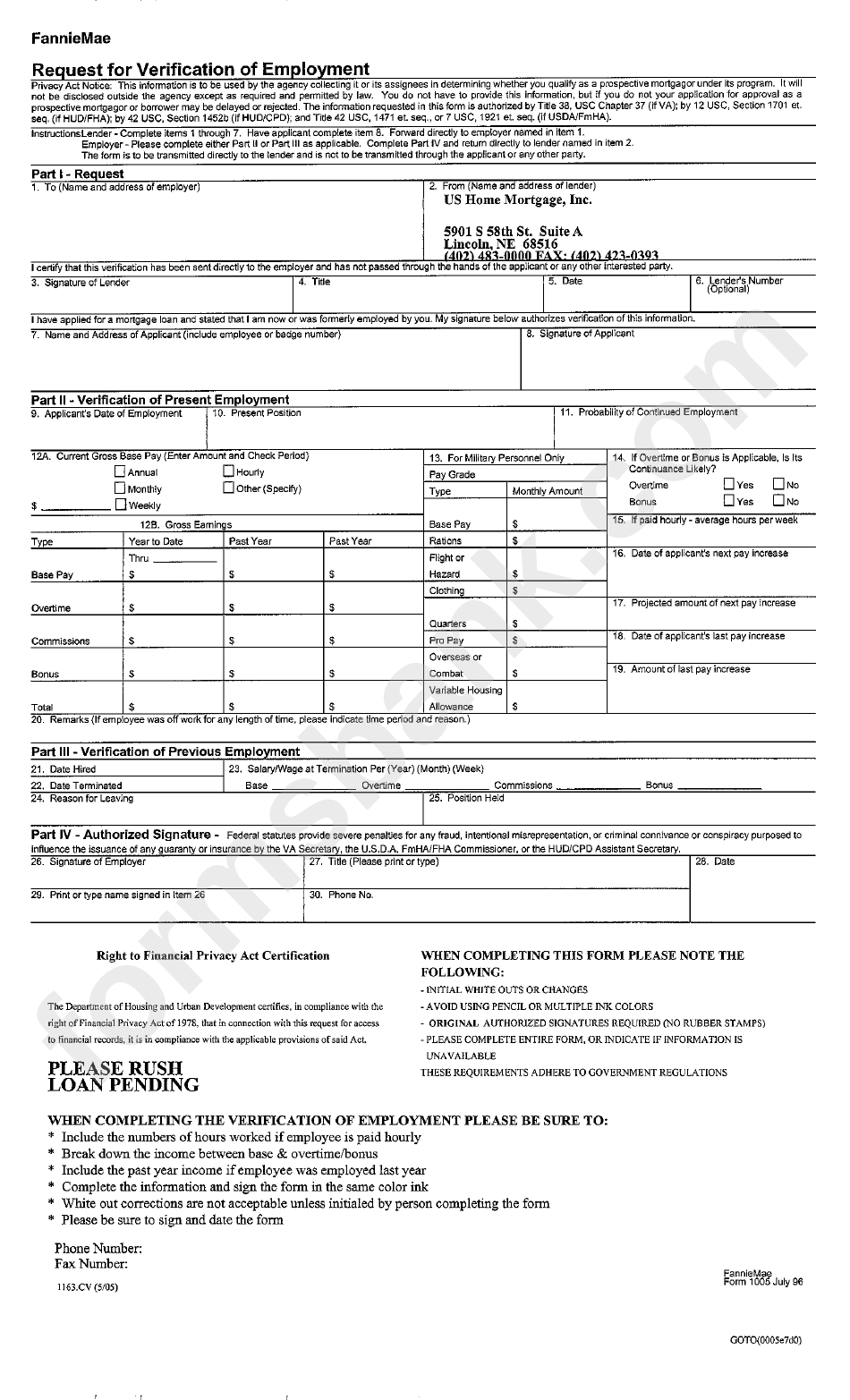 Form 1005 - Fannie Mae Request For Verification Of Employment