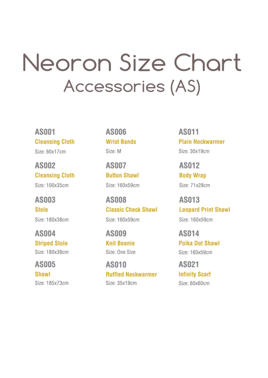 Neoron Accessories Size Chart Printable pdf