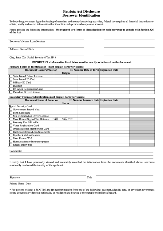 Patriots Act Disclosure Borrower Identification Printable pdf