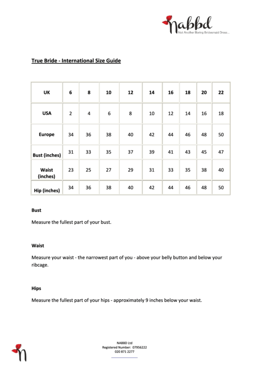 Clothing Size Chart - Nabbd Printable pdf