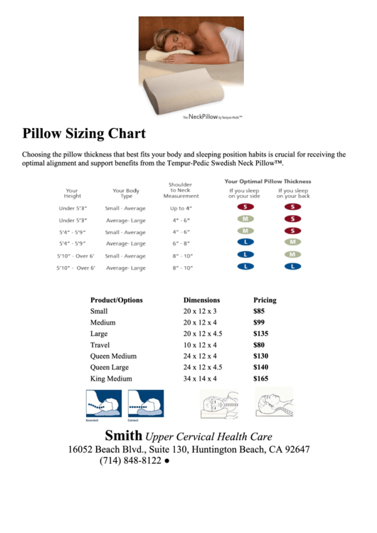 Pillow Sizing Chart Printable pdf
