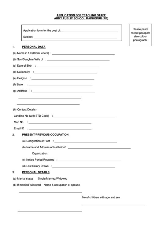 Application For Teaching Staff Army Public School Madhopur (Pb) Printable pdf
