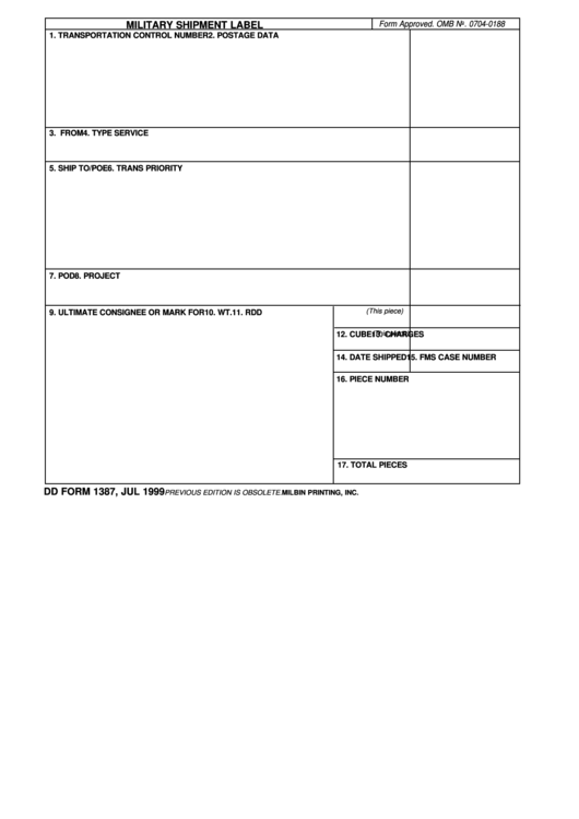Dd Form 1387 - Military Shipment Label Printable pdf