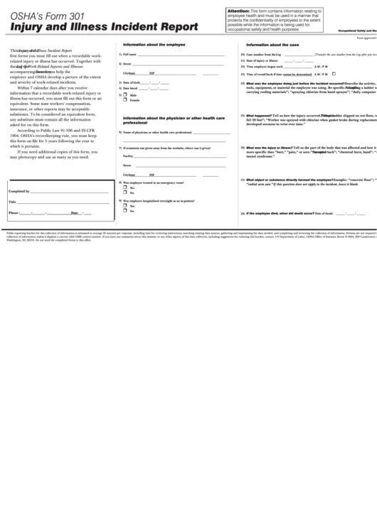 Osha Form 301 Incident Report Printable pdf