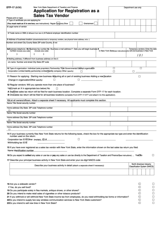 Fillable Form Dtf-17 - Application For Registration As A Sales Tax Vendor - New York Printable pdf