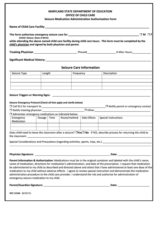 Seizure Medication Administration Authorization Form - Maryland State Department Of Education