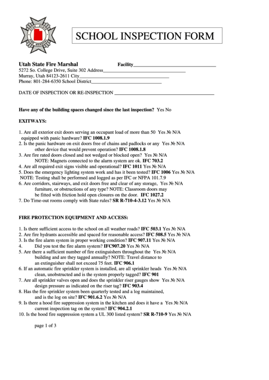 School Inspection Form - Utah Printable pdf