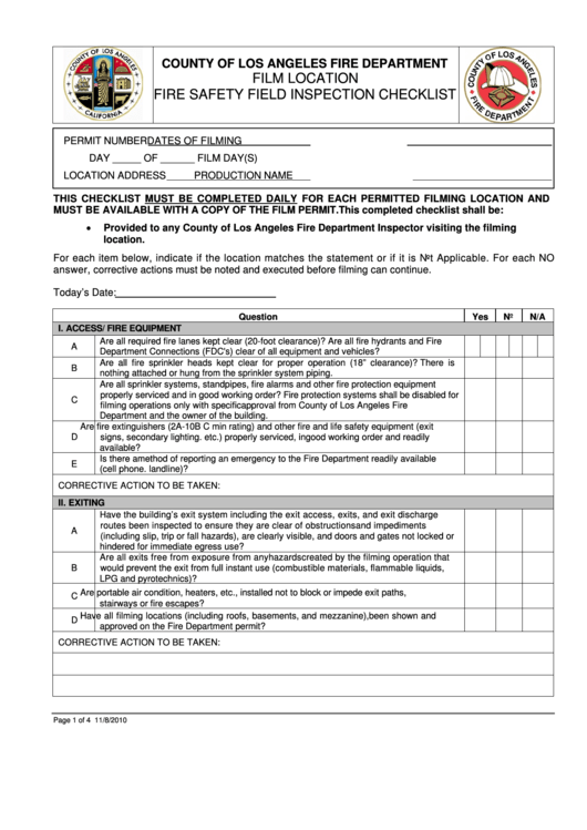 Fire Safety Field Inspection Checklist - Los Angeles County Fire Printable pdf