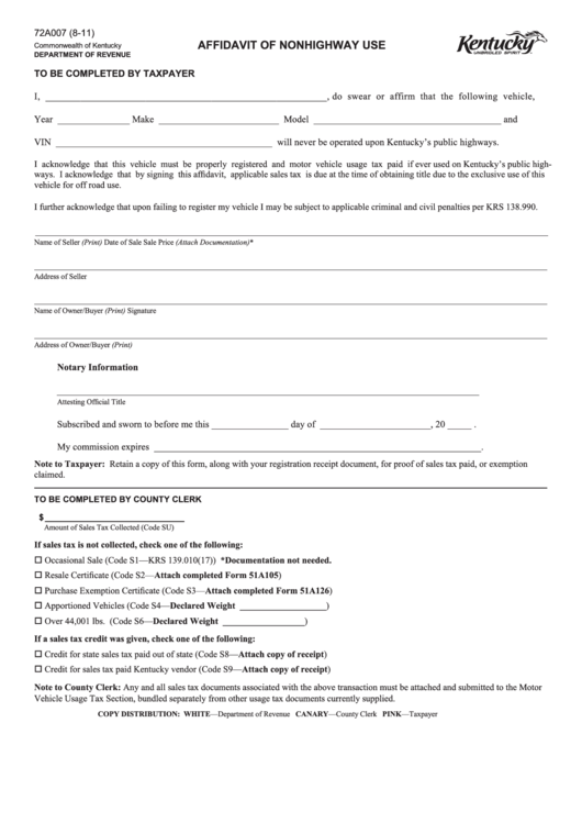 Form 72a007 - Affidavit Of Nonhighway Use Printable pdf
