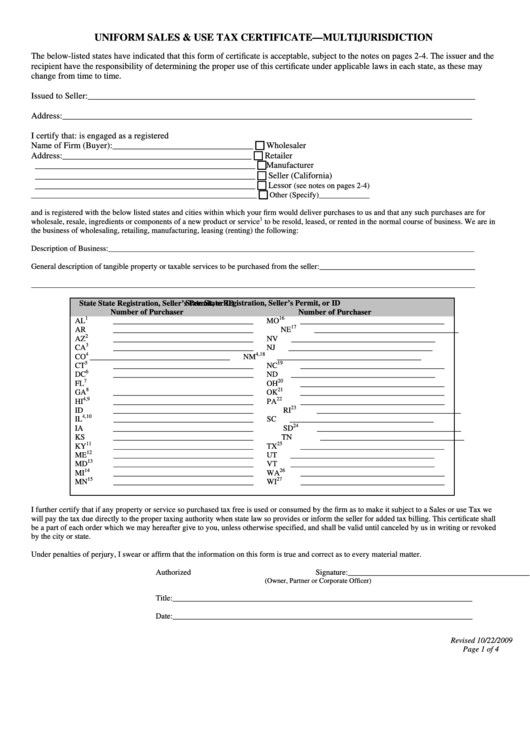Fillable Uniform Sales & Use Tax Certificate Template - Multijurisdiction - 2009 Printable pdf