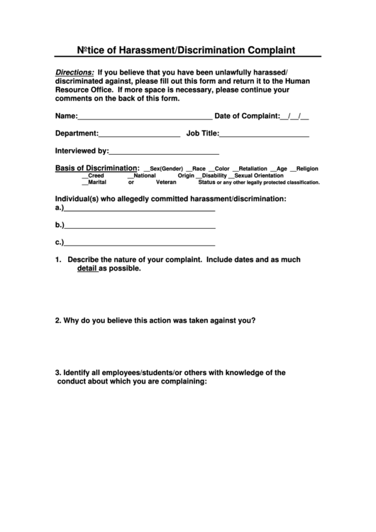 Notice Of Harassment / Discrimination Complaint Form Printable pdf