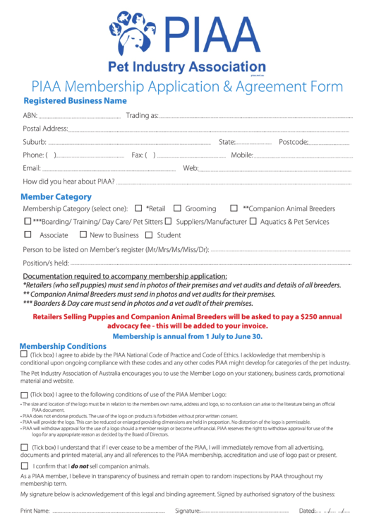 Piaa Membership Application & Agreement Form Printable pdf