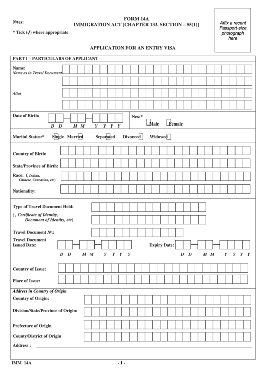 Fillable Form 14a - Application For An Entry Visa - Singapore Printable pdf