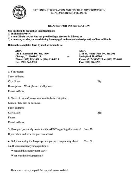 Fillable Request For Investigation - Illinois Supreme Court Printable pdf