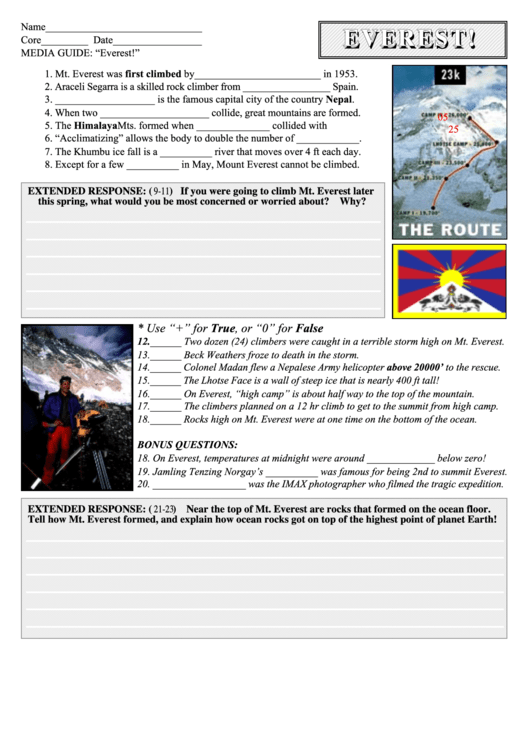 Everest - Geography Worksheet With Answers Printable pdf