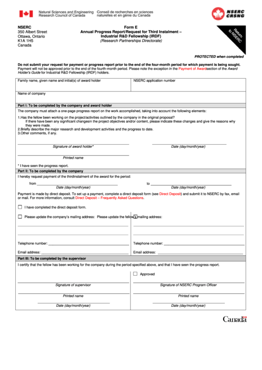 Canada Form E Annual Progress Report/request For Third Instalment - Industrial R&d Fellowship (Irdf) Printable pdf